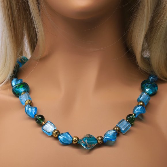 My Bead Emporium Jewelry - Necklace Blue Hand Blown Glass Beads. Large Gold Lobster Clasp.